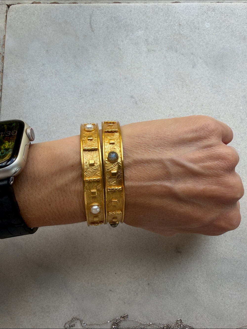 Julie Vos Gold-Tone Bangle Bracelet Duo with Pearl and Cabochon Accents